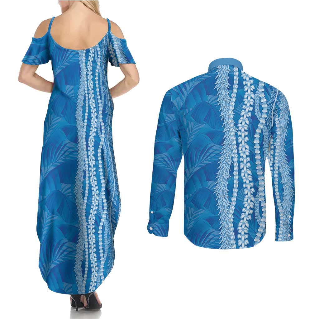 Hawaii Prince Kuhio Couples Matching Summer Maxi Dress and Long Sleeve Button Shirt Blue Hawaiian Lau Maia With Leis LT05 - Polynesian Pride