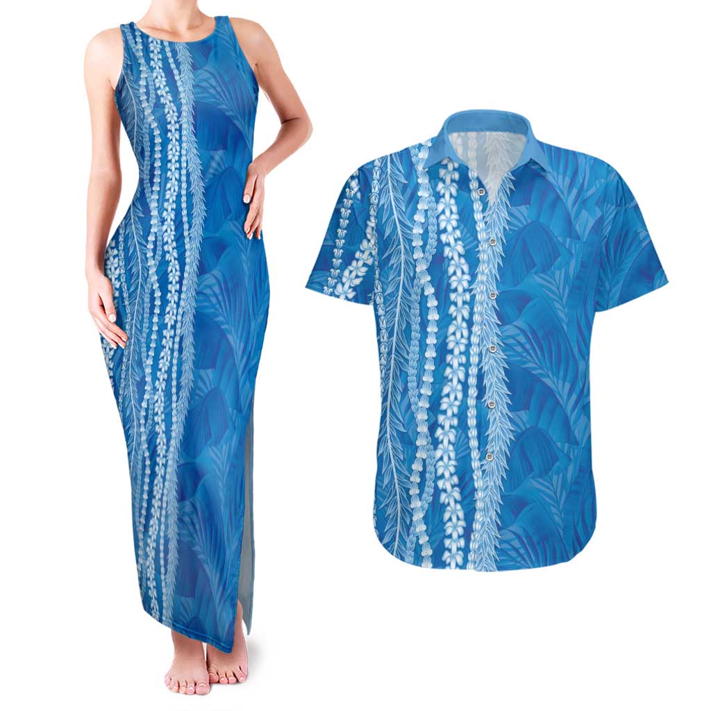 Hawaii Prince Kuhio Couples Matching Tank Maxi Dress and Hawaiian Shirt Blue Hawaiian Lau Maia With Leis