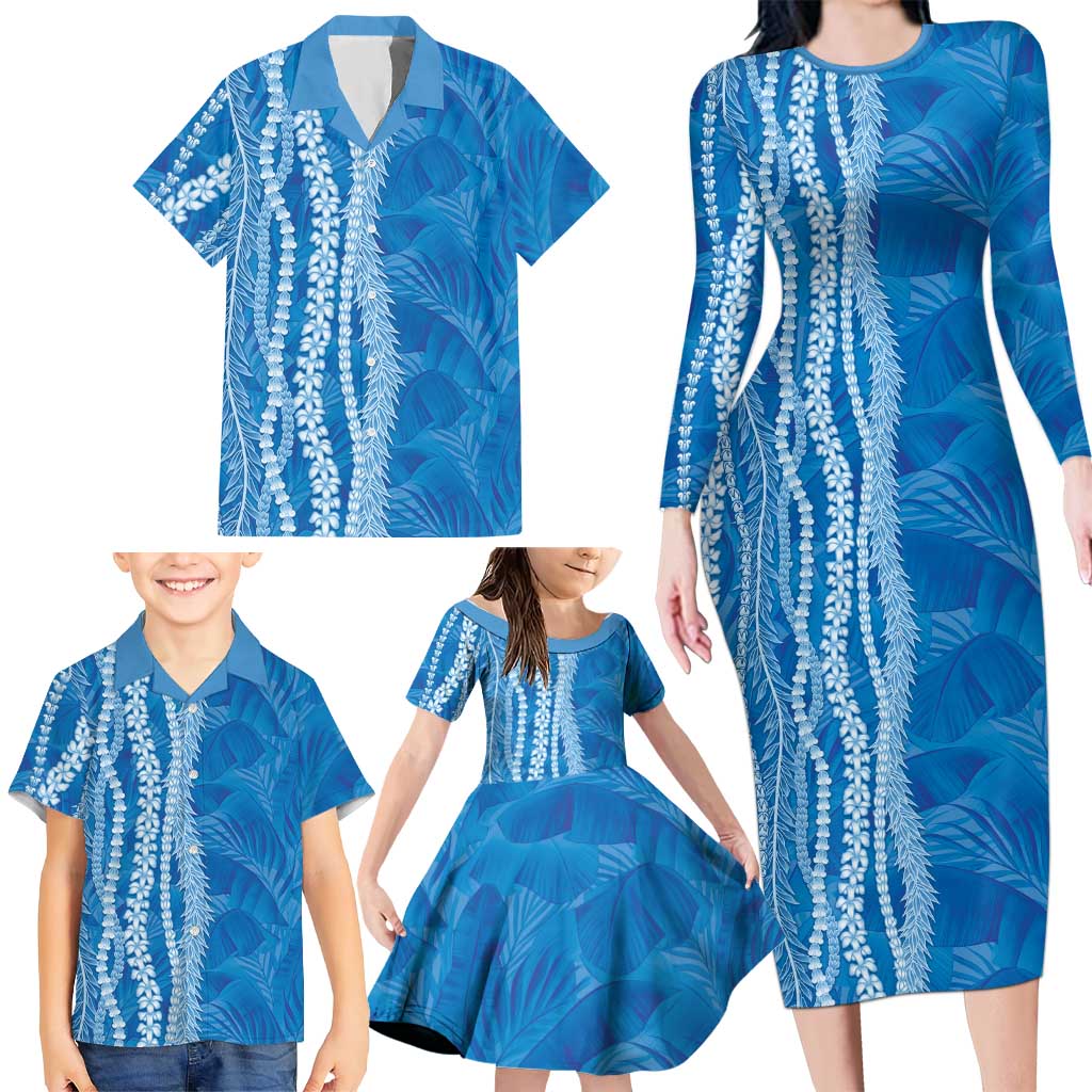 Hawaii Prince Kuhio Family Matching Long Sleeve Bodycon Dress and Hawaiian Shirt Blue Hawaiian Lau Maia With Leis