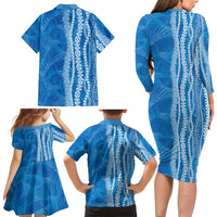 Hawaii Prince Kuhio Family Matching Long Sleeve Bodycon Dress and Hawaiian Shirt Blue Hawaiian Lau Maia With Leis