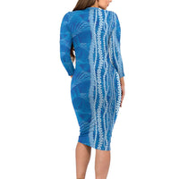 Hawaii Prince Kuhio Family Matching Long Sleeve Bodycon Dress and Hawaiian Shirt Blue Hawaiian Lau Maia With Leis