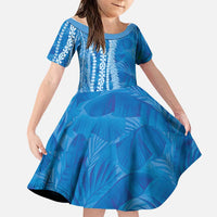 Hawaii Prince Kuhio Family Matching Off The Shoulder Long Sleeve Dress and Hawaiian Shirt Blue Hawaiian Lau Maia With Leis LT05 Daughter's Dress Blue - Polynesian Pride