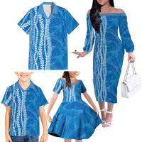Hawaii Prince Kuhio Family Matching Off The Shoulder Long Sleeve Dress and Hawaiian Shirt Blue Hawaiian Lau Maia With Leis LT05 - Polynesian Pride