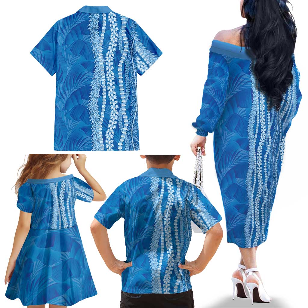 Hawaii Prince Kuhio Family Matching Off The Shoulder Long Sleeve Dress and Hawaiian Shirt Blue Hawaiian Lau Maia With Leis LT05 - Polynesian Pride