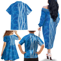 Hawaii Prince Kuhio Family Matching Off The Shoulder Long Sleeve Dress and Hawaiian Shirt Blue Hawaiian Lau Maia With Leis LT05 - Polynesian Pride