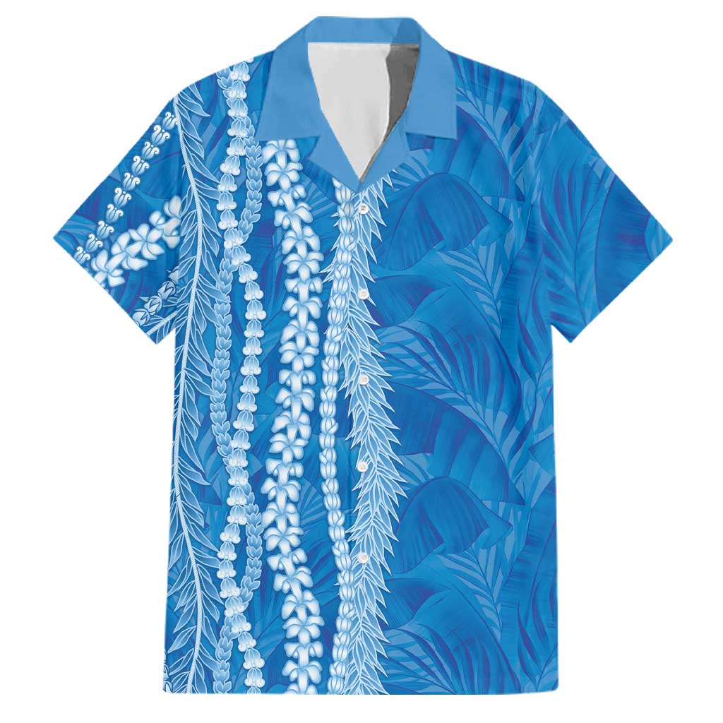 Hawaii Prince Kuhio Family Matching Off The Shoulder Long Sleeve Dress and Hawaiian Shirt Blue Hawaiian Lau Maia With Leis LT05 Dad's Shirt - Short Sleeve Blue - Polynesian Pride