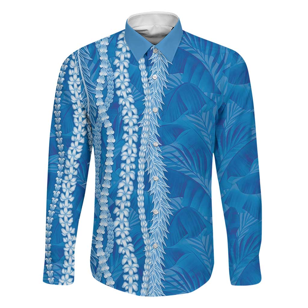 Hawaii Prince Kuhio Family Matching Off The Shoulder Long Sleeve Dress and Hawaiian Shirt Blue Hawaiian Lau Maia With Leis LT05 Dad's Shirt - Long Sleeve Blue - Polynesian Pride