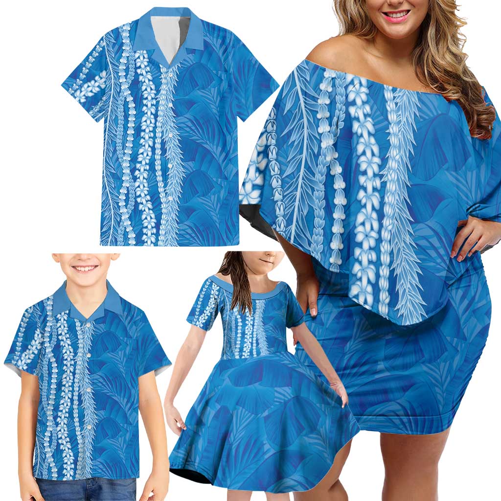 Hawaii Prince Kuhio Family Matching Off Shoulder Short Dress and Hawaiian Shirt Blue Hawaiian Lau Maia With Leis