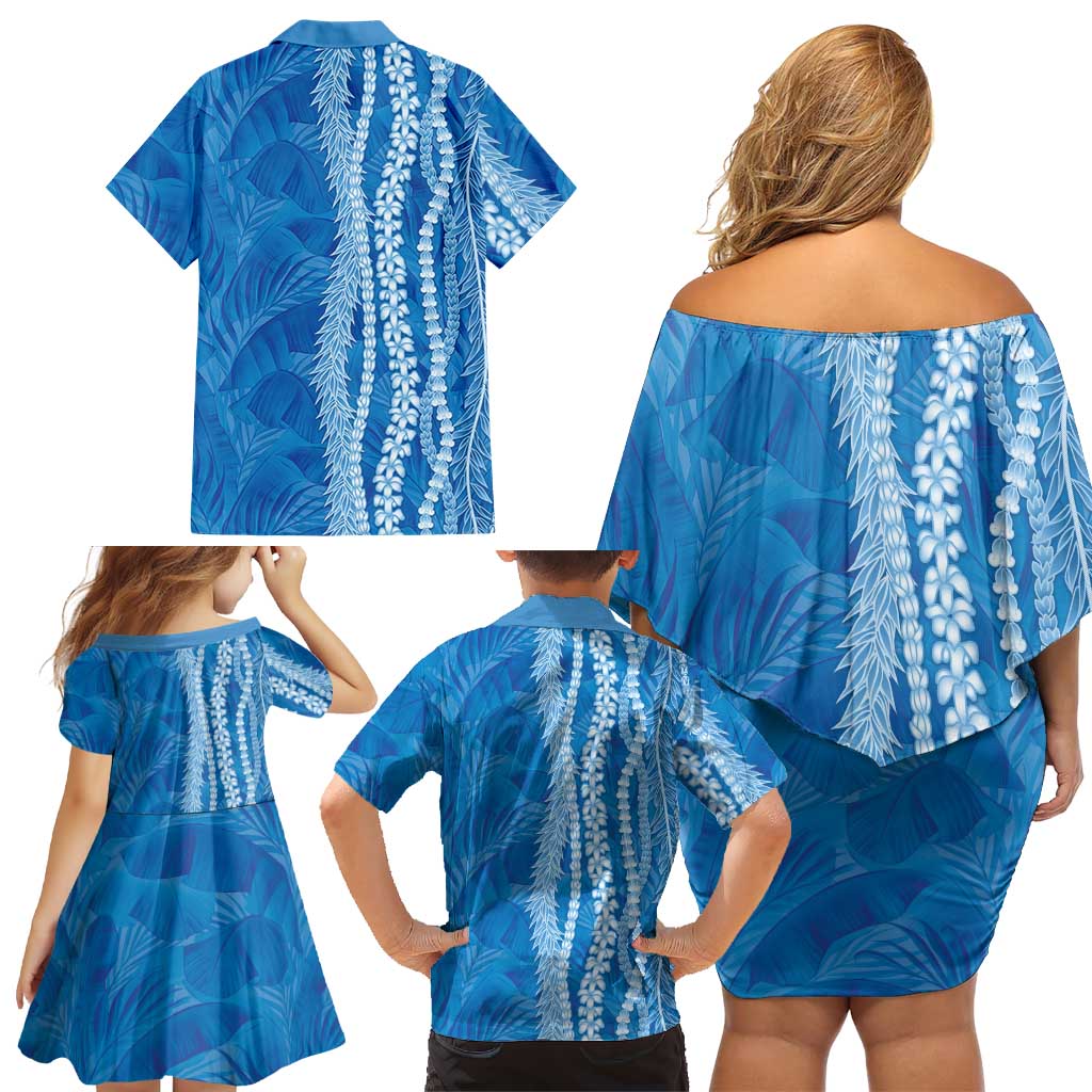 Hawaii Prince Kuhio Family Matching Off Shoulder Short Dress and Hawaiian Shirt Blue Hawaiian Lau Maia With Leis