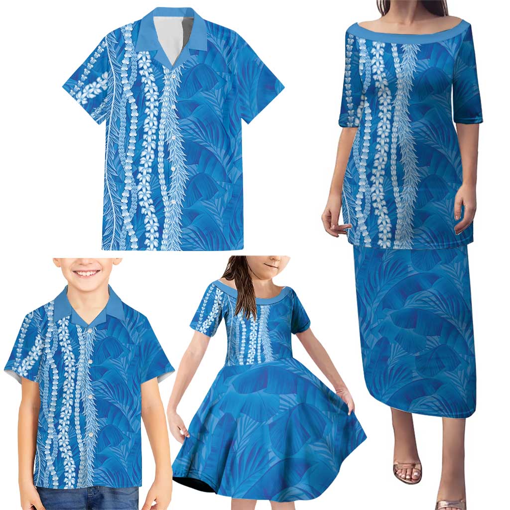 Hawaii Prince Kuhio Family Matching Puletasi and Hawaiian Shirt Blue Hawaiian Lau Maia With Leis