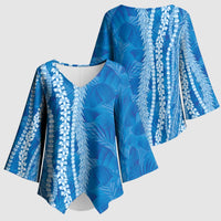 Hawaii Prince Kuhio Kimono Sleeve Blouse Blue Hawaiian Lau Maia With Leis