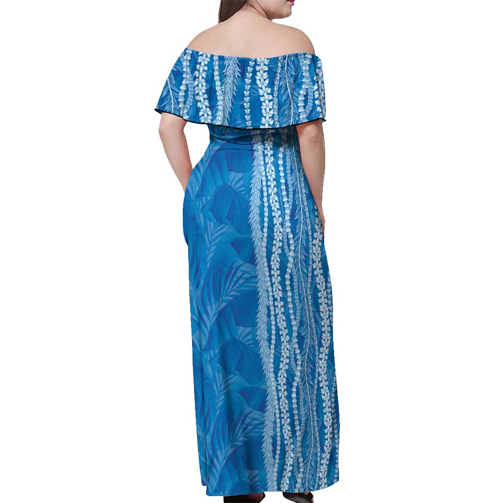 Hawaii Prince Kuhio Off Shoulder Maxi Dress Blue Hawaiian Lau Maia With Leis
