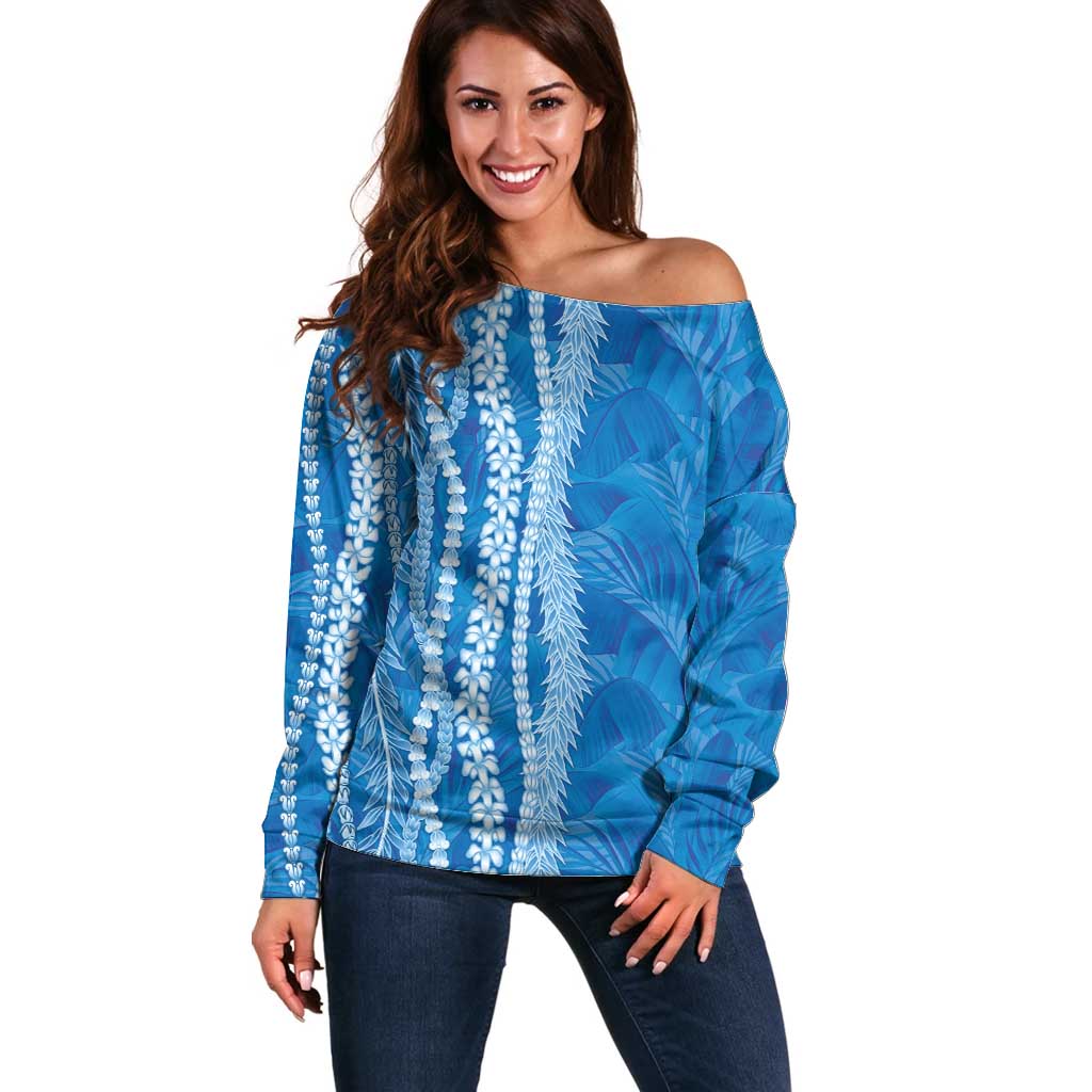 Hawaii Prince Kuhio Off Shoulder Sweater Blue Hawaiian Lau Maia With Leis LT05 Women Blue - Polynesian Pride