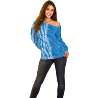 Hawaii Prince Kuhio Off Shoulder Sweater Blue Hawaiian Lau Maia With Leis LT05 - Polynesian Pride