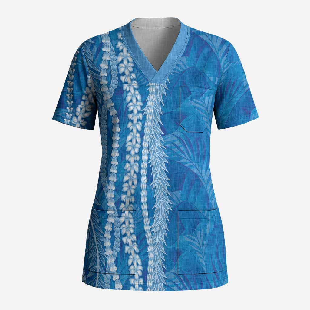 Hawaii Prince Kuhio Scrub Top Blue Hawaiian Lau Maia With Leis