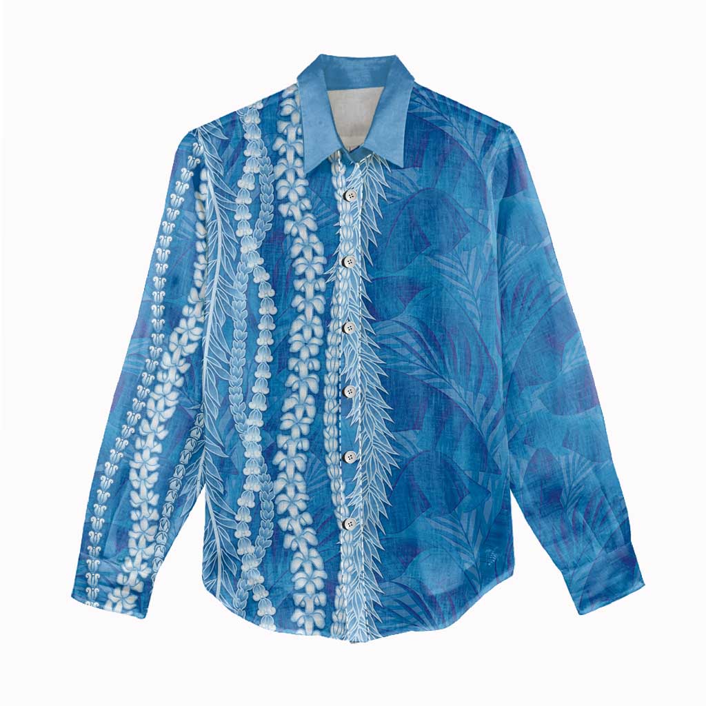 Hawaii Prince Kuhio Women Casual Shirt Blue Hawaiian Lau Maia With Leis
