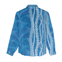 Hawaii Prince Kuhio Women Casual Shirt Blue Hawaiian Lau Maia With Leis