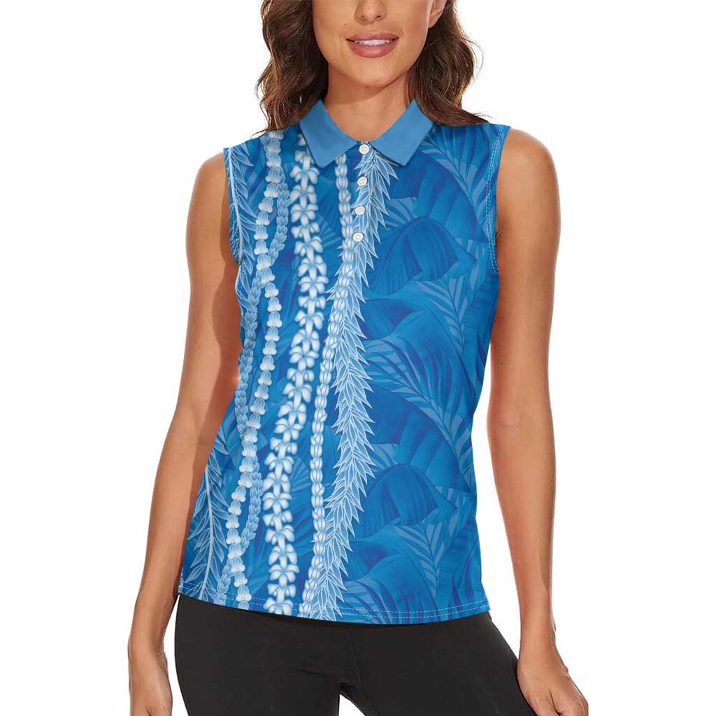 Hawaii Prince Kuhio Women Sleeveless Polo Shirt Blue Hawaiian Lau Maia With Leis LT05 - Polynesian Pride