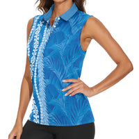 Hawaii Prince Kuhio Women Sleeveless Polo Shirt Blue Hawaiian Lau Maia With Leis LT05 - Polynesian Pride