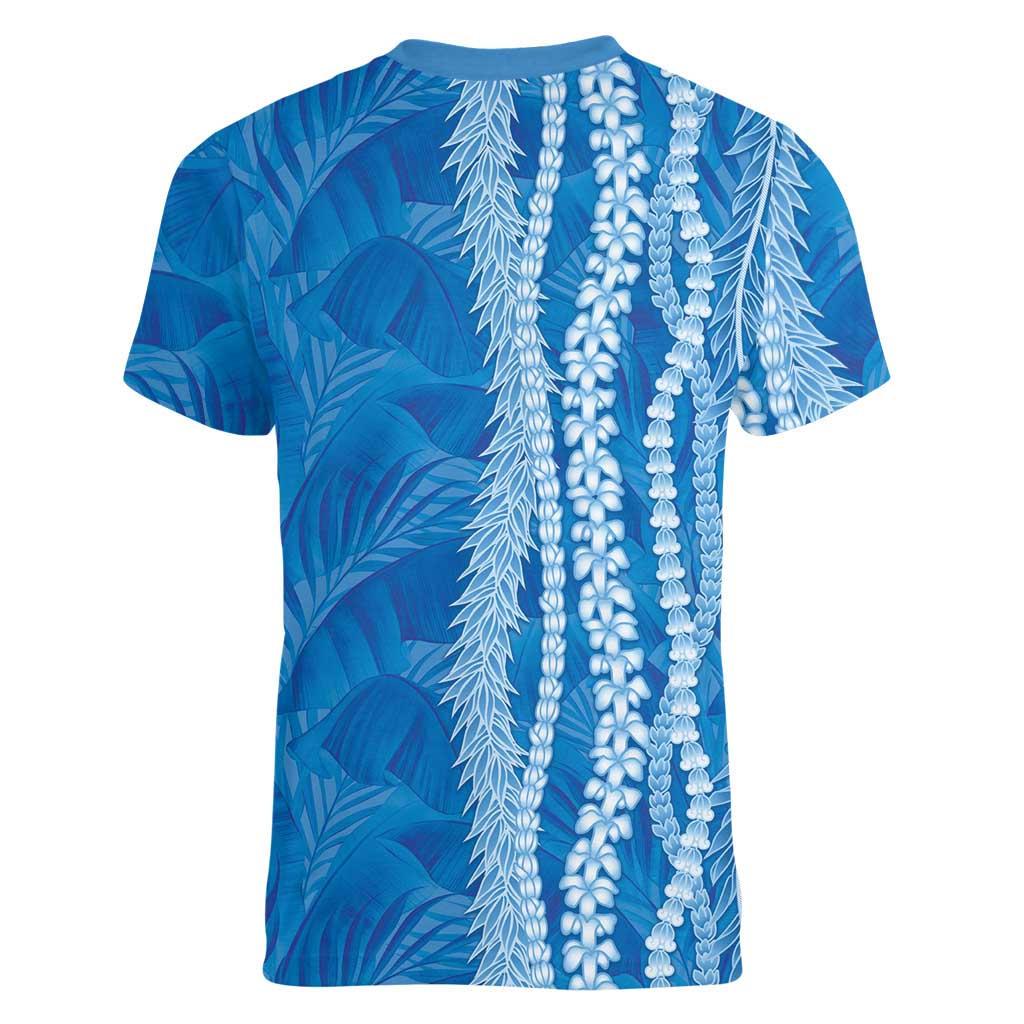 Hawaii Prince Kuhio Women V-Neck T-Shirt Blue Hawaiian Lau Maia With Leis