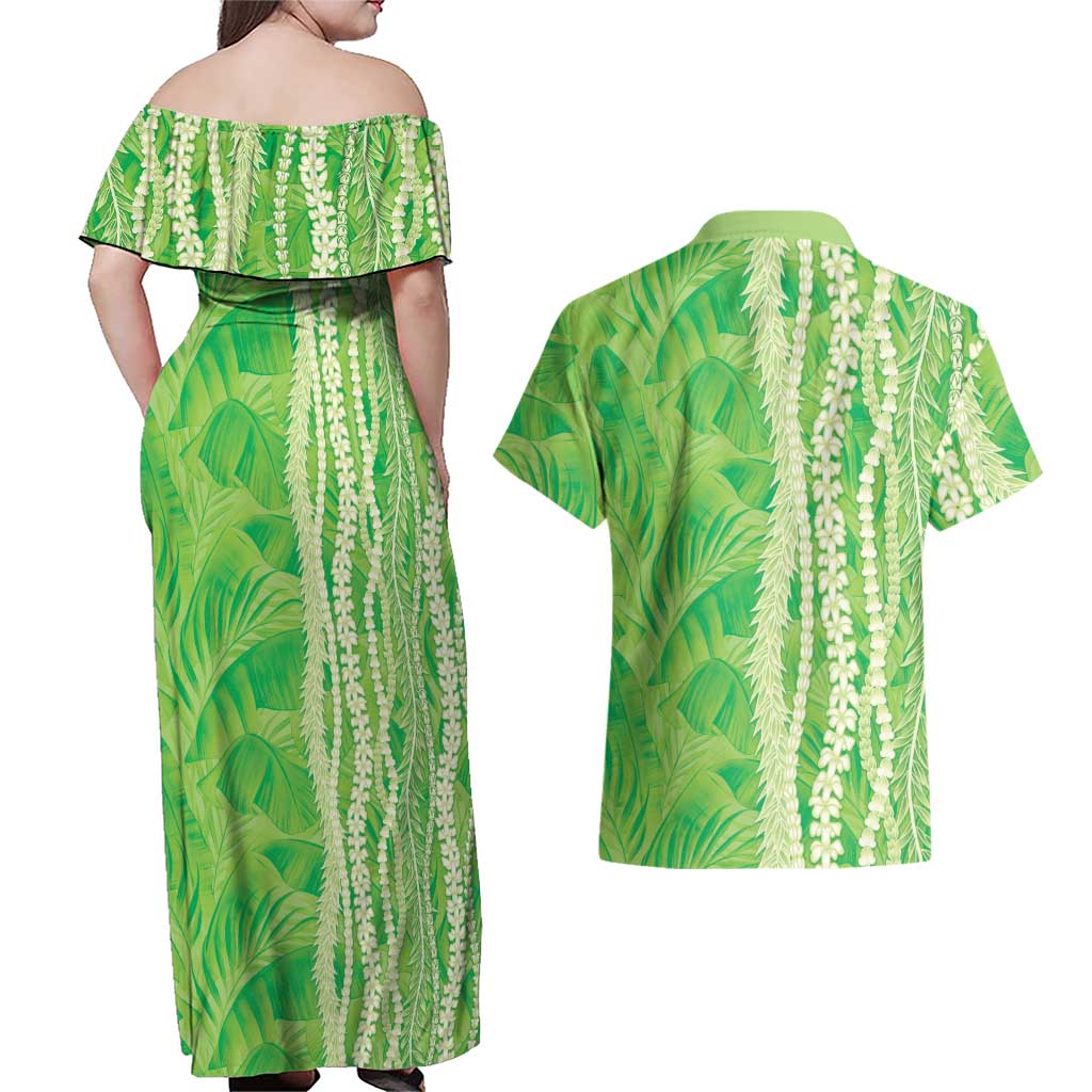 Hawaii Prince Kuhio Couples Matching Off Shoulder Maxi Dress and Hawaiian Shirt Lime Green Hawaiian Lau Maia With Leis