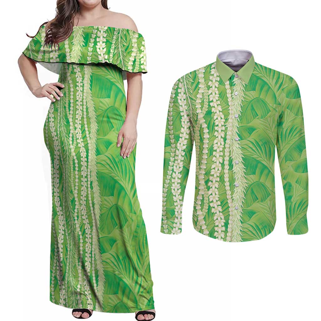 Hawaii Prince Kuhio Couples Matching Off Shoulder Maxi Dress and Long Sleeve Button Shirt Lime Green Hawaiian Lau Maia With Leis