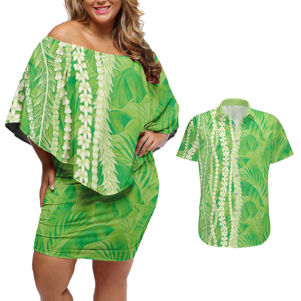 Hawaii Prince Kuhio Couples Matching Off Shoulder Short Dress and Hawaiian Shirt Lime Green Hawaiian Lau Maia With Leis