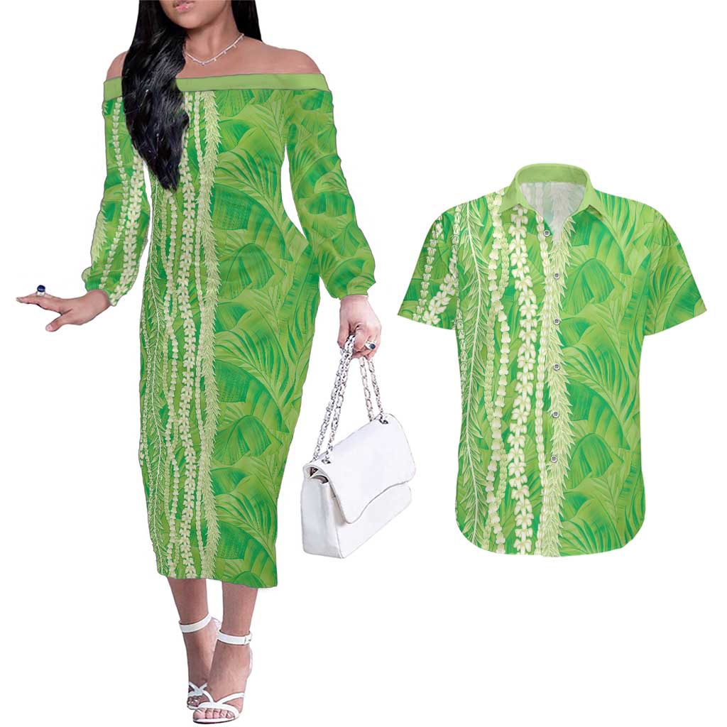 Hawaii Prince Kuhio Couples Matching Off The Shoulder Long Sleeve Dress and Hawaiian Shirt Lime Green Hawaiian Lau Maia With Leis