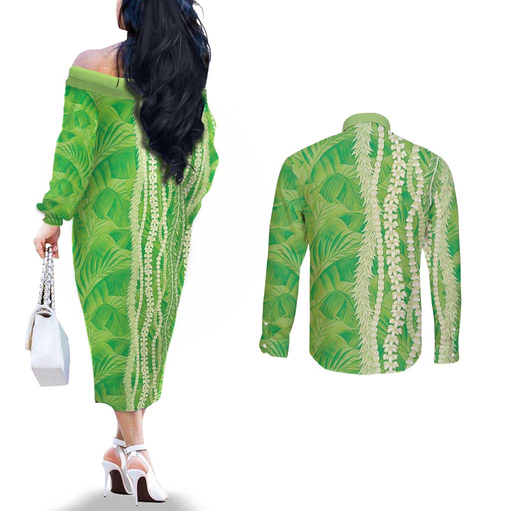 Hawaii Prince Kuhio Couples Matching Off The Shoulder Long Sleeve Dress and Long Sleeve Button Shirt Lime Green Hawaiian Lau Maia With Leis