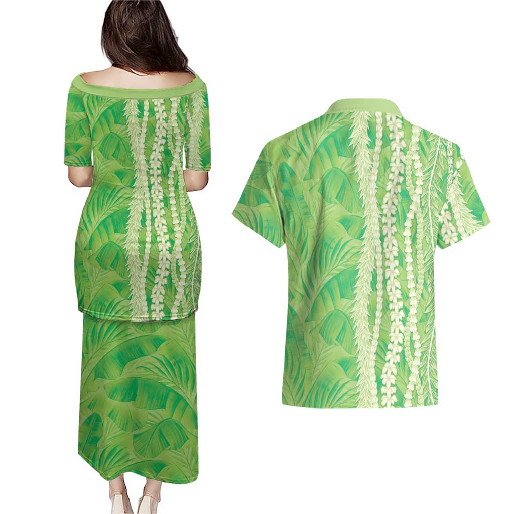Hawaii Prince Kuhio Couples Matching Puletasi and Hawaiian Shirt Lime Green Hawaiian Lau Maia With Leis