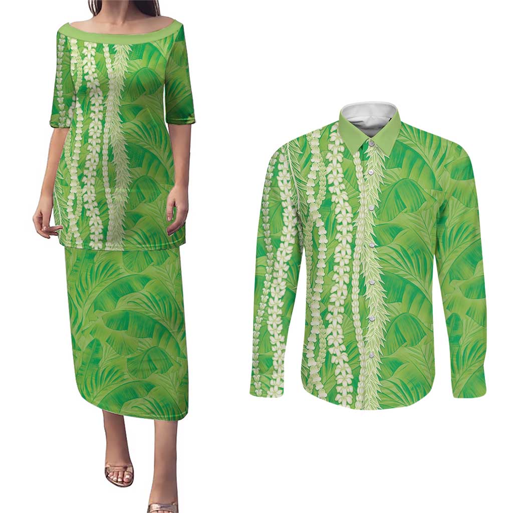 Hawaii Prince Kuhio Couples Matching Puletasi and Long Sleeve Button Shirt Lime Green Hawaiian Lau Maia With Leis LT05 Green - Polynesian Pride