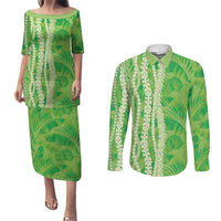 Hawaii Prince Kuhio Couples Matching Puletasi and Long Sleeve Button Shirt Lime Green Hawaiian Lau Maia With Leis LT05 Green - Polynesian Pride