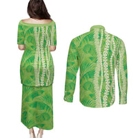 Hawaii Prince Kuhio Couples Matching Puletasi and Long Sleeve Button Shirt Lime Green Hawaiian Lau Maia With Leis LT05 - Polynesian Pride