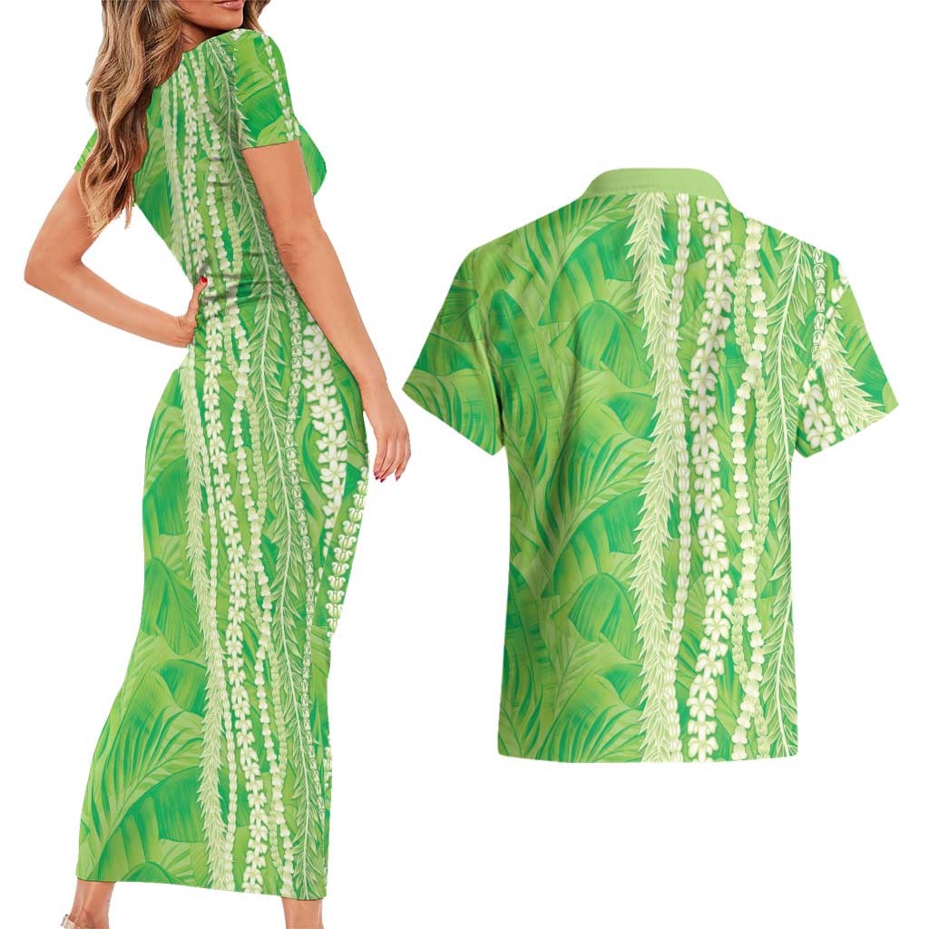 Hawaii Prince Kuhio Couples Matching Short Sleeve Bodycon Dress and Hawaiian Shirt Lime Green Hawaiian Lau Maia With Leis