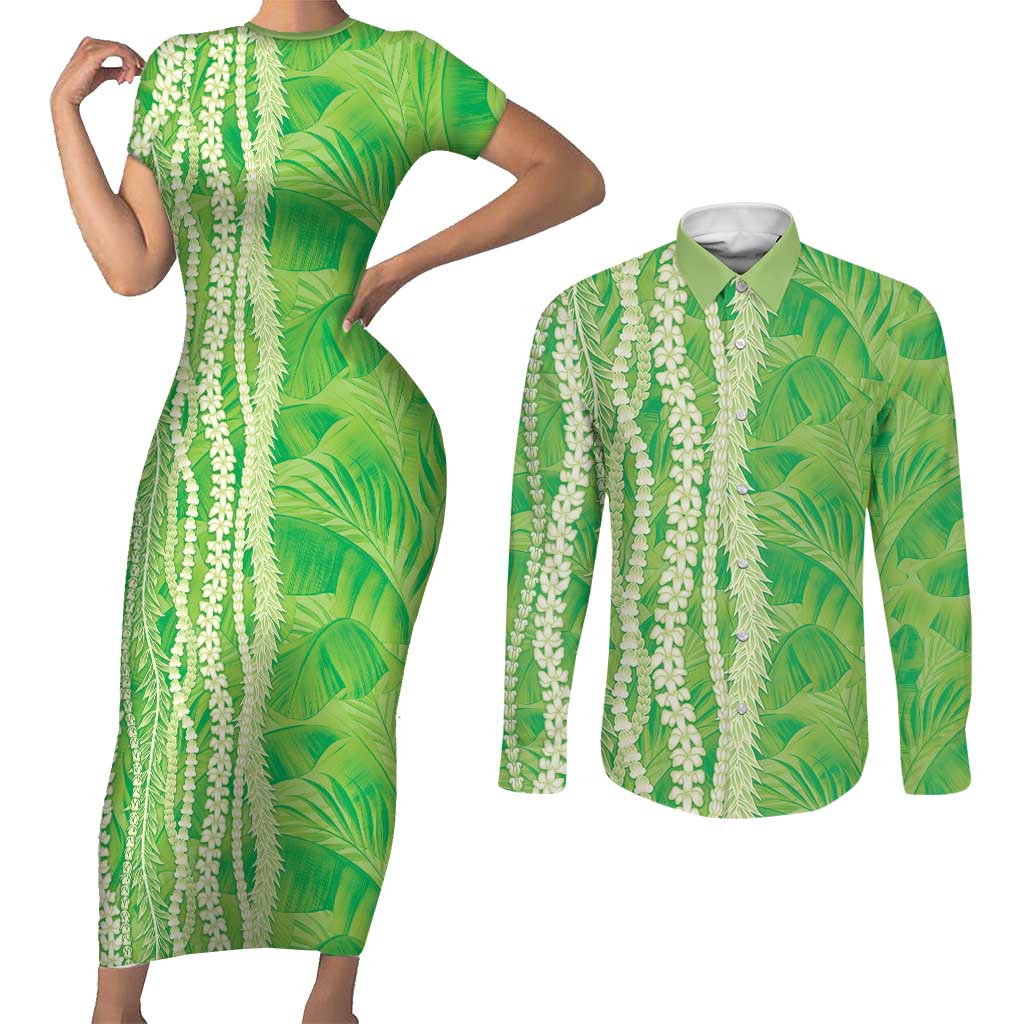 Hawaii Prince Kuhio Couples Matching Short Sleeve Bodycon Dress and Long Sleeve Button Shirt Lime Green Hawaiian Lau Maia With Leis