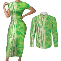 Hawaii Prince Kuhio Couples Matching Short Sleeve Bodycon Dress and Long Sleeve Button Shirt Lime Green Hawaiian Lau Maia With Leis