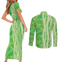 Hawaii Prince Kuhio Couples Matching Short Sleeve Bodycon Dress and Long Sleeve Button Shirt Lime Green Hawaiian Lau Maia With Leis