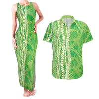 Hawaii Prince Kuhio Couples Matching Tank Maxi Dress and Hawaiian Shirt Lime Green Hawaiian Lau Maia With Leis