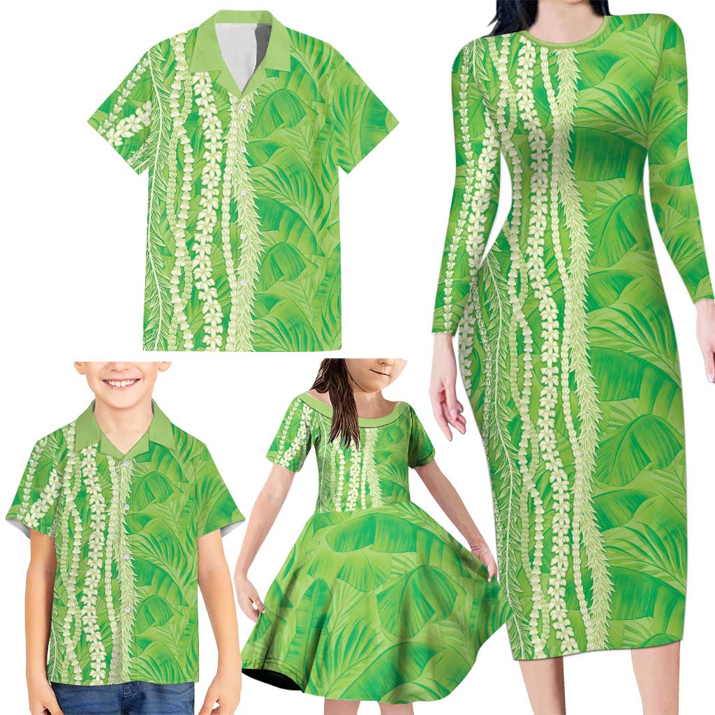 Hawaii Prince Kuhio Family Matching Long Sleeve Bodycon Dress and Hawaiian Shirt Lime Green Hawaiian Lau Maia With Leis