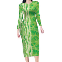 Hawaii Prince Kuhio Family Matching Long Sleeve Bodycon Dress and Hawaiian Shirt Lime Green Hawaiian Lau Maia With Leis