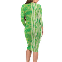 Hawaii Prince Kuhio Family Matching Long Sleeve Bodycon Dress and Hawaiian Shirt Lime Green Hawaiian Lau Maia With Leis