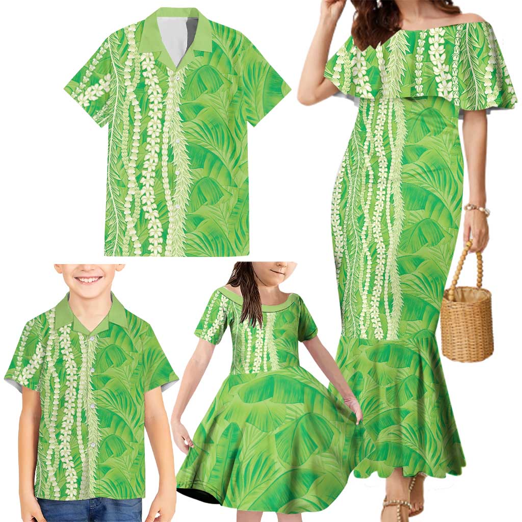 Hawaii Prince Kuhio Family Matching Mermaid Dress and Hawaiian Shirt Lime Green Hawaiian Lau Maia With Leis