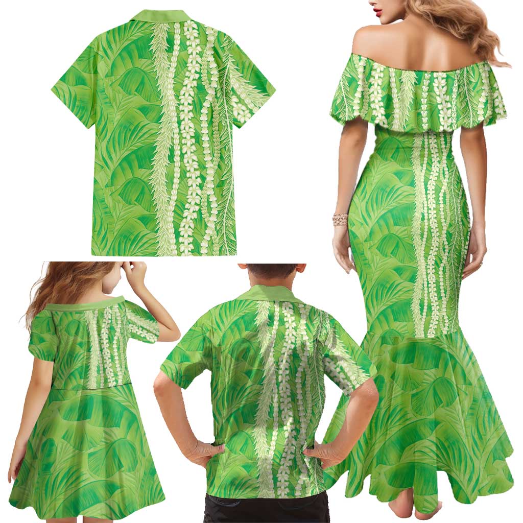 Hawaii Prince Kuhio Family Matching Mermaid Dress and Hawaiian Shirt Lime Green Hawaiian Lau Maia With Leis