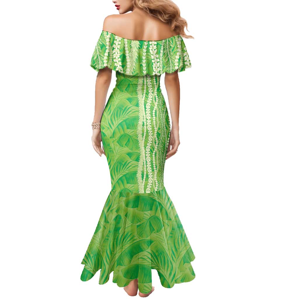 Hawaii Prince Kuhio Family Matching Mermaid Dress and Hawaiian Shirt Lime Green Hawaiian Lau Maia With Leis