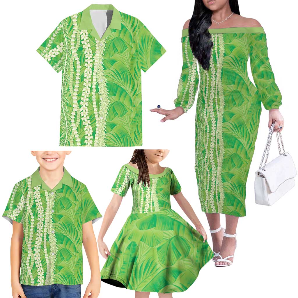 Hawaii Prince Kuhio Family Matching Off The Shoulder Long Sleeve Dress and Hawaiian Shirt Lime Green Hawaiian Lau Maia With Leis