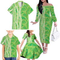 Hawaii Prince Kuhio Family Matching Off The Shoulder Long Sleeve Dress and Hawaiian Shirt Lime Green Hawaiian Lau Maia With Leis