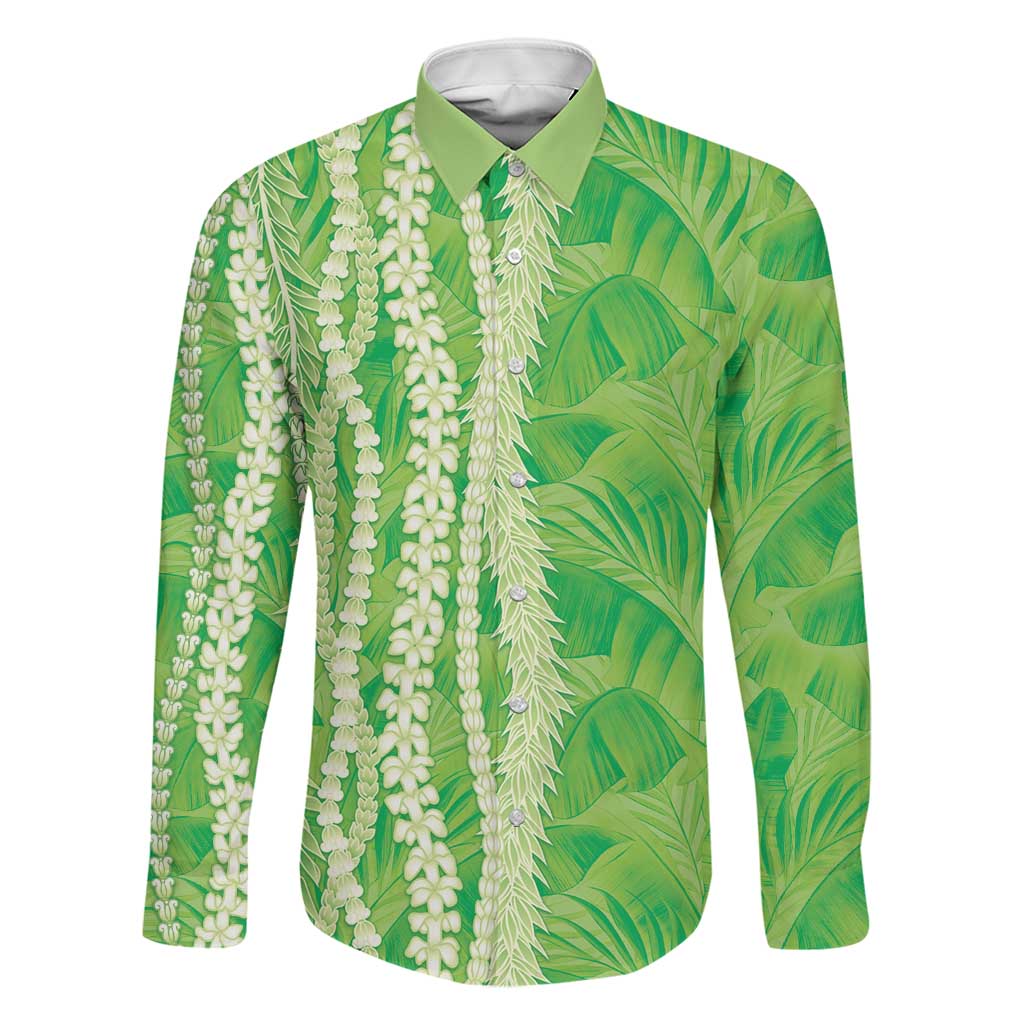 Hawaii Prince Kuhio Family Matching Off The Shoulder Long Sleeve Dress and Hawaiian Shirt Lime Green Hawaiian Lau Maia With Leis