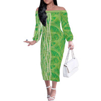 Hawaii Prince Kuhio Family Matching Off The Shoulder Long Sleeve Dress and Hawaiian Shirt Lime Green Hawaiian Lau Maia With Leis