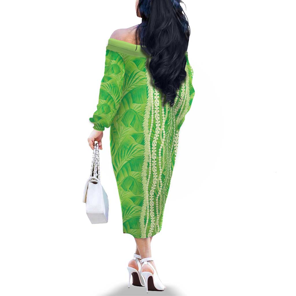 Hawaii Prince Kuhio Family Matching Off The Shoulder Long Sleeve Dress and Hawaiian Shirt Lime Green Hawaiian Lau Maia With Leis