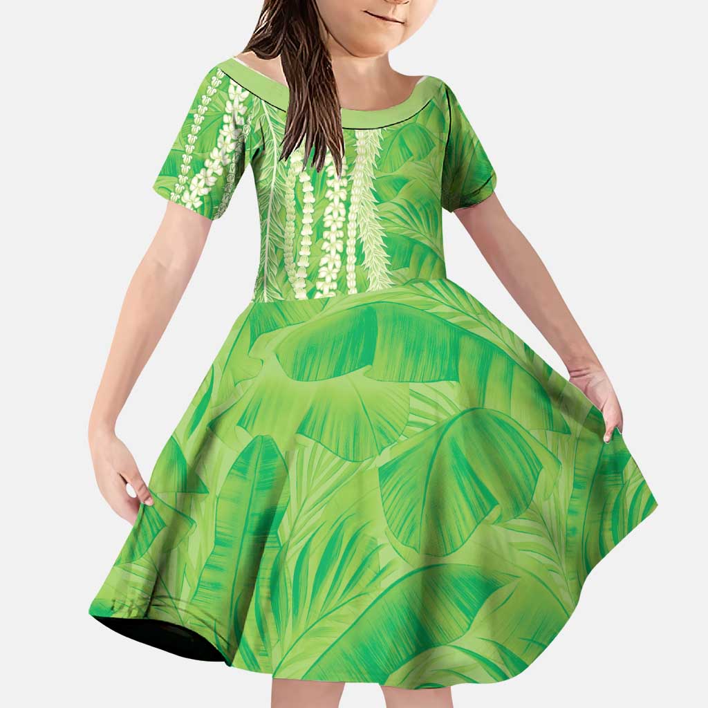 Hawaii Prince Kuhio Family Matching Off Shoulder Maxi Dress and Hawaiian Shirt Lime Green Hawaiian Lau Maia With Leis